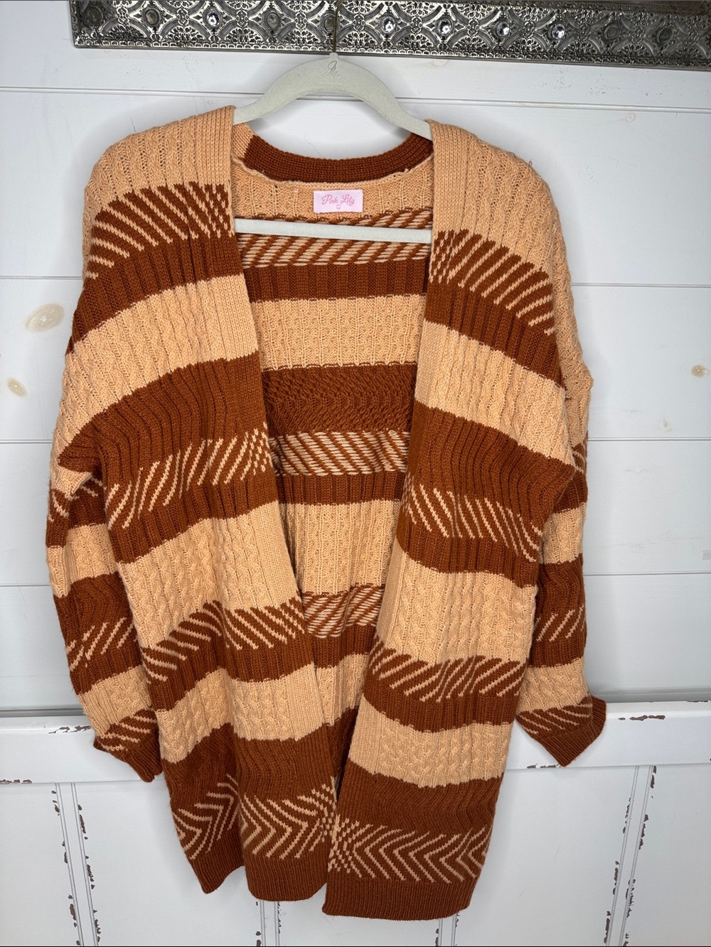 Pink Lily Peach & Rust Striped Open-Front Cardigan